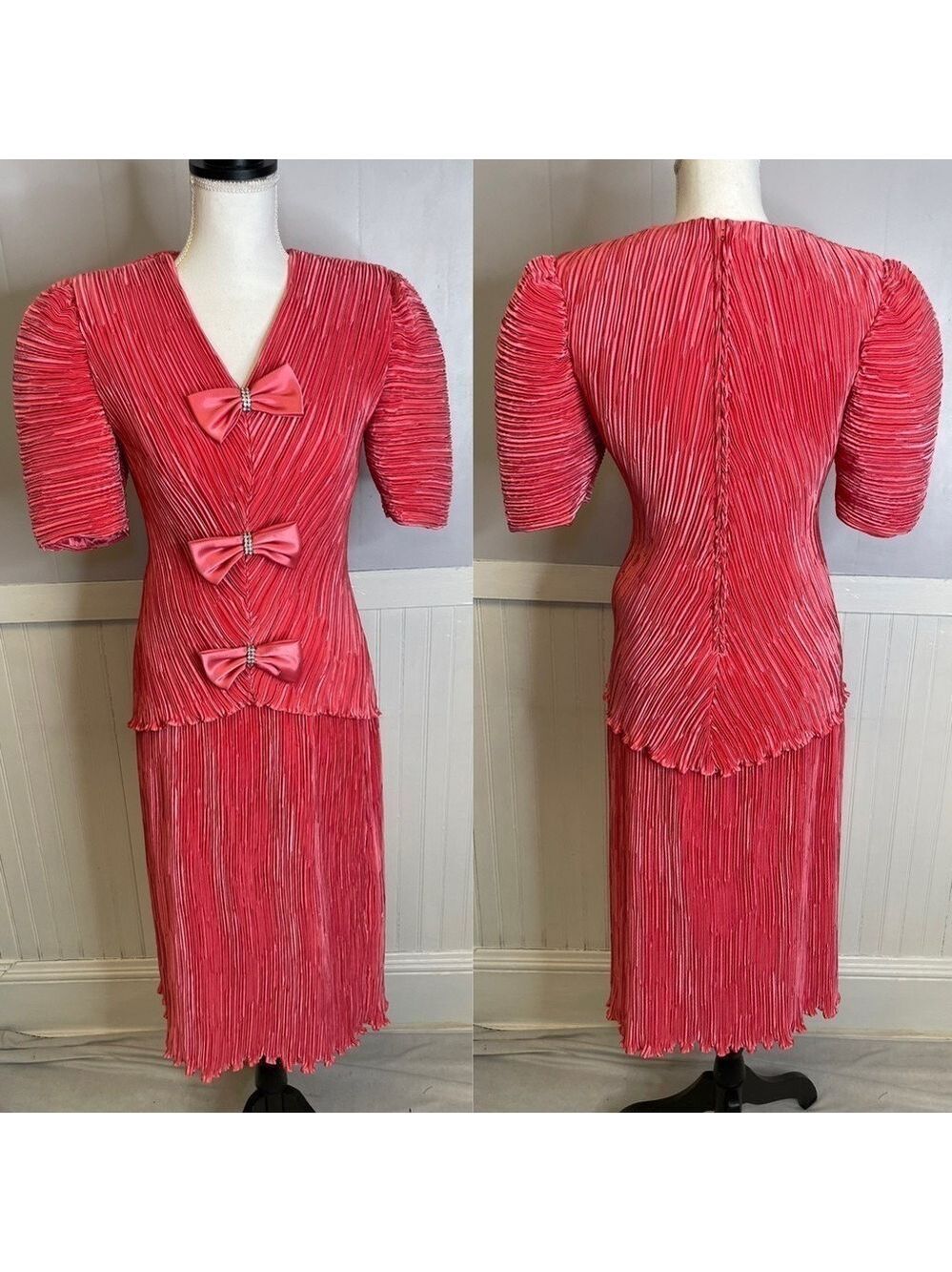 Karen Lawrence Vintage Skirt Set Womens Midi Embellished Bow Event Green 80's 16 - Picture 4 of 13